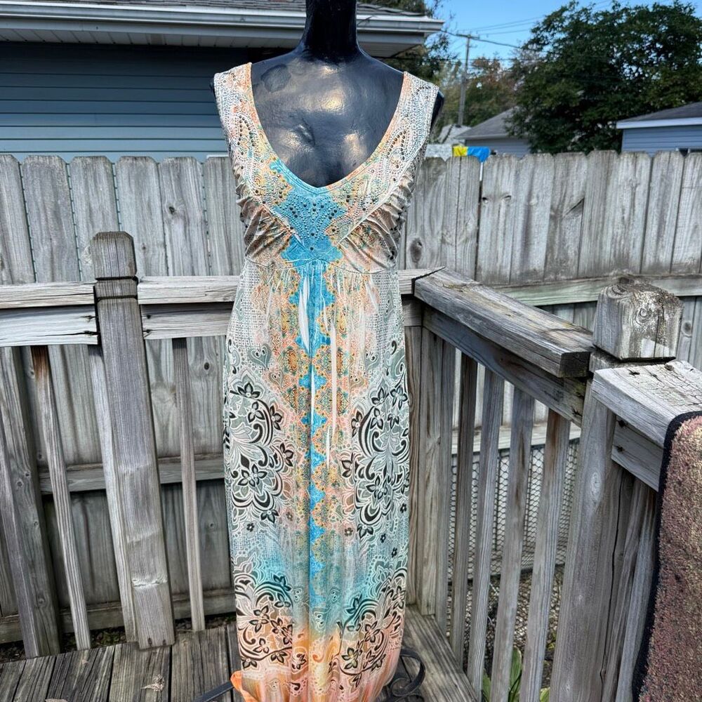 Apt. 9 Turquoise Peach Paisley Rhinestone Sleeveless Boho Maxi Dress XS